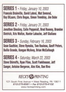 2002-03 Rieck's Printing Reading Royals (ECHL) #NNO Header Card Back