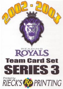 2002-03 Rieck's Printing Reading Royals (ECHL) #NNO Header Card Front