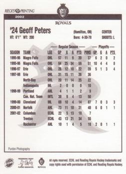 2002-03 Rieck's Printing Reading Royals (ECHL) #NNO Geoff Peters Back