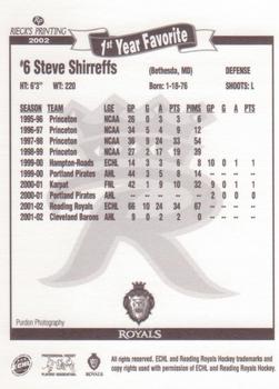 2002-03 Rieck's Printing Reading Royals (ECHL) #NNO Steve Shirreffs Back