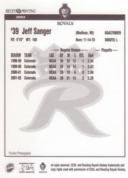 2002-03 Rieck's Printing Reading Royals (ECHL) #NNO Jeff Sanger Back