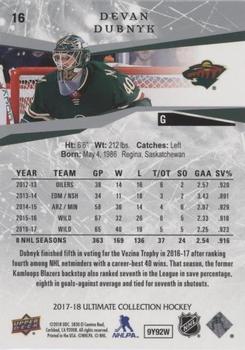 2017-18 Upper Deck Ultimate Collection - Onyx #16 Devan Dubnyk Back