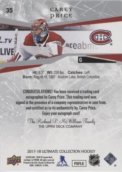 2017-18 Upper Deck Ultimate Collection - Gold Auto #35 Carey Price Back
