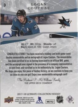 2017-18 Upper Deck Ultimate Collection - Auto Jersey #3 Logan Couture Back
