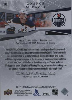 2017-18 Upper Deck Ultimate Collection - Auto Jersey #10 Connor McDavid Back
