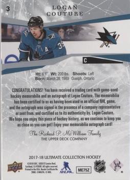 2017-18 Upper Deck Ultimate Collection - Auto Patch #3 Logan Couture Back