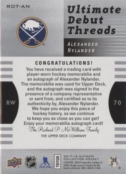 2017-18 Upper Deck Ultimate Collection - 2007-08 Retro Debut Threads Patch Auto #RDT-AN Alexander Nylander Back