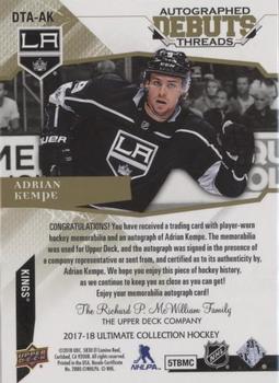 2017-18 Upper Deck Ultimate Collection - Debut Threads Patch Auto #DTA-AK Adrian Kempe Back
