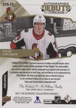 2017-18 Upper Deck Ultimate Collection - Debut Threads Patch Auto #DTA-FC Filip Chlapik Back