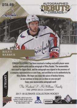 2017-18 Upper Deck Ultimate Collection - Debut Threads Patch Auto #DTA-RB Riley Barber Back