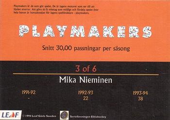 1994-95 Leaf Elit Set (Swedish) - Playmakers #3 Mika Nieminen Back