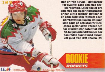 1994-95 Leaf Elit Set (Swedish) - Rookie Rockets #2 Jonas Andersson-Junkka Back