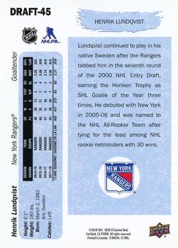 2018 Upper Deck NHL Draft #DRAFT-45 Henrik Lundqvist Back