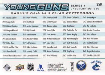 2018-19 Upper Deck #250 Young Guns Checklist (Rasmus Dahlin / Elias Pettersson) Back