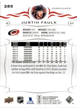 2018-19 Upper Deck #285 Justin Faulk Back