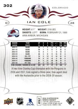 2018-19 Upper Deck #302 Ian Cole Back