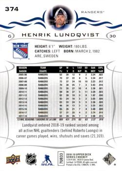 2018-19 Upper Deck #374 Henrik Lundqvist Back