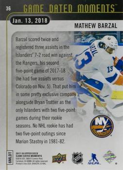 2017-18 Upper Deck Game Dated Moments #36 Mathew Barzal Back
