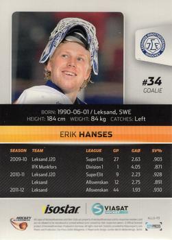 2012-13 HockeyAllsvenskan #ALLS-113 Erik Hanses Back
