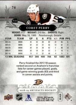 2018-19 Upper Deck Artifacts #74 Corey Perry Back