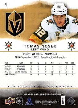 2017-18 Upper Deck Vegas Golden Knights Inaugural Season #4 Tomas Nosek Back