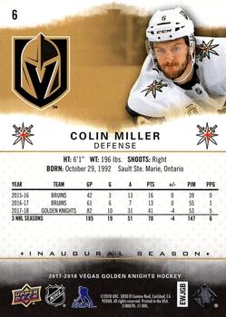 2017-18 Upper Deck Vegas Golden Knights Inaugural Season #6 Colin Miller Back
