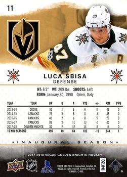 2017-18 Upper Deck Vegas Golden Knights Inaugural Season #11 Luca Sbisa Back