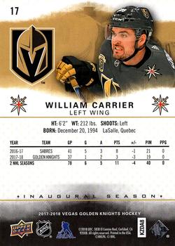 2017-18 Upper Deck Vegas Golden Knights Inaugural Season #17 William Carrier Back