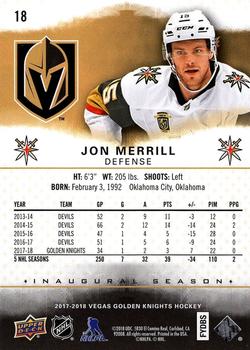 2017-18 Upper Deck Vegas Golden Knights Inaugural Season #18 Jon Merrill Back