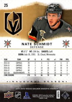 2017-18 Upper Deck Vegas Golden Knights Inaugural Season #25 Nate Schmidt Back