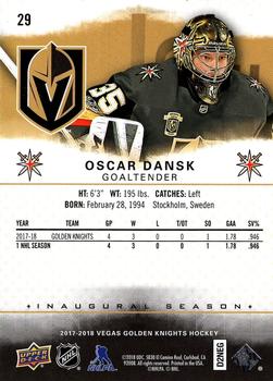 2017-18 Upper Deck Vegas Golden Knights Inaugural Season #29 Oscar Dansk Back