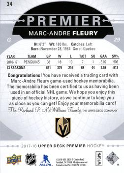 2017-18 Upper Deck Premier - Base Relics - Jerseys #34 Marc-Andre Fleury Back