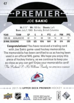 2017-18 Upper Deck Premier - Base Relics - Jerseys #47 Joe Sakic Back