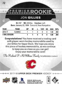 2017-18 Upper Deck Premier - Base Relics - Jerseys #72 Jon Gillies Back