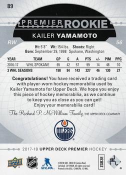 2017-18 Upper Deck Premier - Base Relics - Jerseys #89 Kailer Yamamoto Back