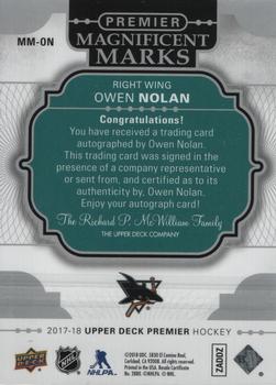 2017-18 Upper Deck Premier - Magnificent Marks Autographs #MM-ON Owen Nolan Back