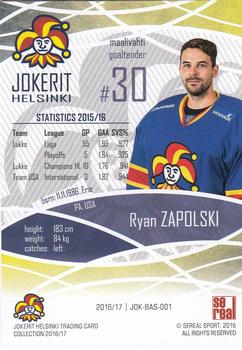2016-17 Sereal Jokerit Helsinki #JOK-BAS-001 Ryan Zapolski Back