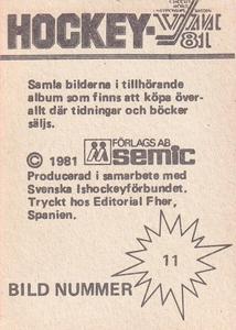 1981 Semic Hockey VM (Swedish) Stickers #11 Mats Naslund Back