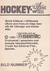1981 Semic Hockey VM (Swedish) Stickers #27 Markku Kiimalainen Back