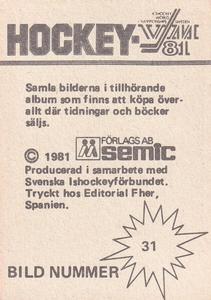 1981 Semic Hockey VM (Swedish) Stickers #31 Timo Susi Back