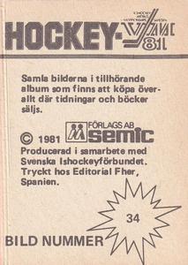 1981 Semic Hockey VM (Swedish) Stickers #34 Juhani Tamminen Back