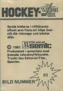 1981 Semic Hockey VM (Swedish) Stickers #93 Ken Morrow Back