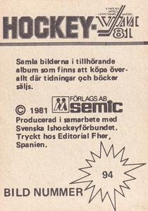 1981 Semic Hockey VM (Swedish) Stickers #94 Mike Ramsey Back