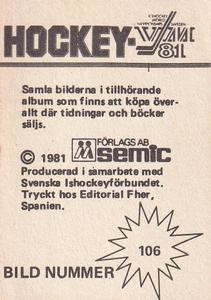 1981 Semic Hockey VM (Swedish) Stickers #106 Buzz Schneider Back