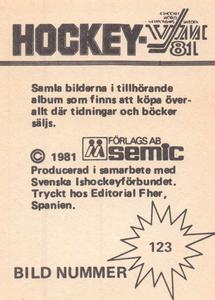 1981 Semic Hockey VM (Swedish) Stickers #123 Lars-Erik Lundvall Back