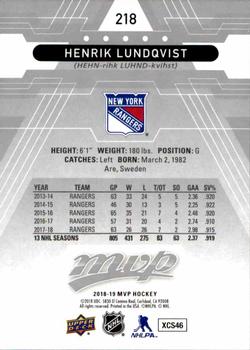 2018-19 Upper Deck MVP - Silver Script #218 Henrik Lundqvist Back