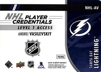 2018-19 Upper Deck MVP - NHL Player Credentials Level 1 Access #NHL-AV Andrei Vasilevskiy Back