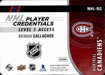 2018-19 Upper Deck MVP - NHL Player Credentials Level 1 Access #NHL-BG Brendan Gallagher Back