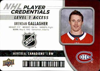2018-19 Upper Deck MVP - NHL Player Credentials Level 1 Access #NHL-BG Brendan Gallagher Front