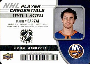 2018-19 Upper Deck MVP - NHL Player Credentials Level 1 Access #NHL-MB Mathew Barzal Front